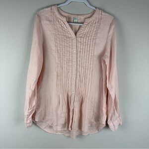 Sundance Light Pink Long Sleeve Pleated Button Up Front 100% Linen Top Medium